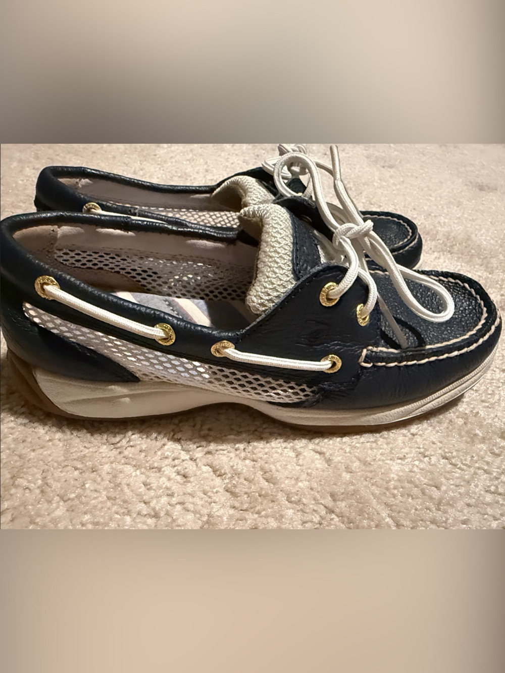 Sperry Navy and White Women's Mesh Boat Sneakers with Gold Eyelets
